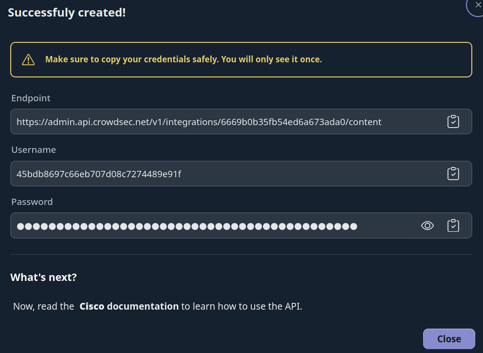 Cisco Integration Credentials Screen