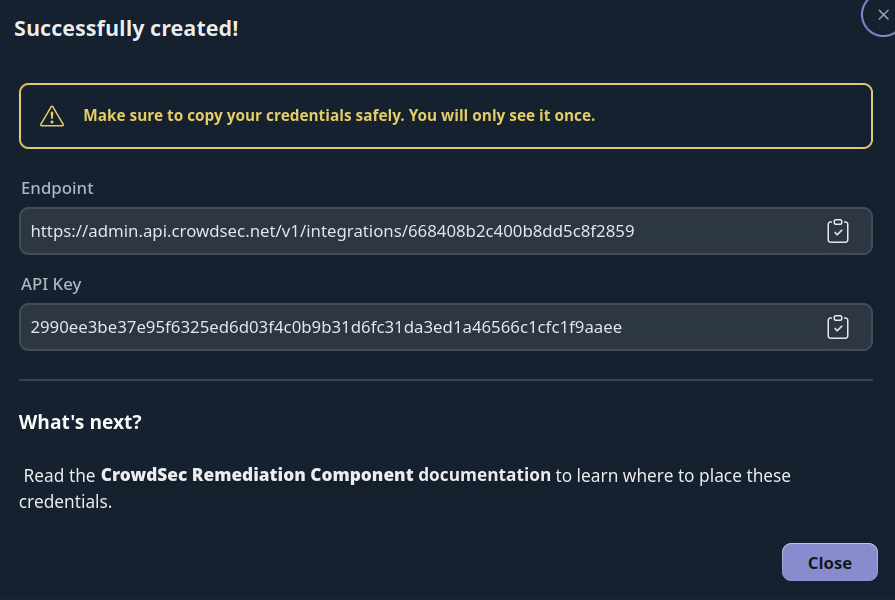 CrowdSec Remediation Component Integration Credentials Screen